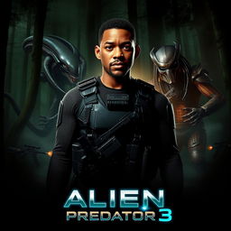 An intense teaser poster for Alien vs Predator 3, featuring Will Smith in the foreground, immersed in a dark and dense forest environment
