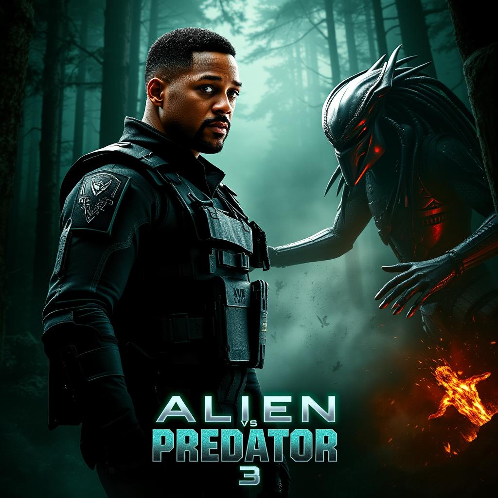 An intense teaser poster for Alien vs Predator 3, featuring Will Smith in the foreground, immersed in a dark and dense forest environment