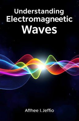 A modern physics book cover design focused on electromagnetic waves, featuring a vibrant illustration of various types of electromagnetic waves, such as radio waves, microwaves, infrared, visible light, ultraviolet, X-rays, and gamma rays, visually represented as colorful waveforms flowing across the cover