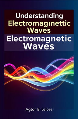 A modern physics book cover design focused on electromagnetic waves, featuring a vibrant illustration of various types of electromagnetic waves, such as radio waves, microwaves, infrared, visible light, ultraviolet, X-rays, and gamma rays, visually represented as colorful waveforms flowing across the cover