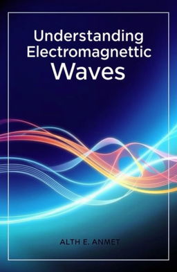A modern physics book cover design focused on electromagnetic waves, featuring a vibrant illustration of various types of electromagnetic waves, such as radio waves, microwaves, infrared, visible light, ultraviolet, X-rays, and gamma rays, visually represented as colorful waveforms flowing across the cover