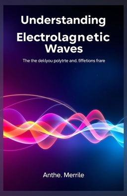 A modern physics book cover design focused on electromagnetic waves, featuring a vibrant illustration of various types of electromagnetic waves, such as radio waves, microwaves, infrared, visible light, ultraviolet, X-rays, and gamma rays, visually represented as colorful waveforms flowing across the cover