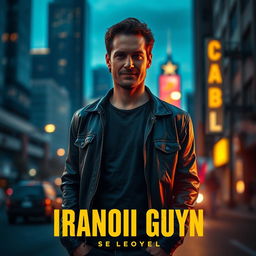 A striking and cinematic movie poster featuring a random guy, standing confidently in an urban setting at dusk, illuminated by soft street lights