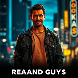 A striking and cinematic movie poster featuring a random guy, standing confidently in an urban setting at dusk, illuminated by soft street lights