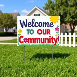 A vibrant and eye-catching yard sign for a Homeowners' Association (HSD), featuring bold letters and graphics that read "Welcome to Our Community!" The sign is adorned with colorful flowers and greenery, with a sunny blue sky in the background