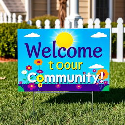 A vibrant and eye-catching yard sign for a Homeowners' Association (HSD), featuring bold letters and graphics that read "Welcome to Our Community!" The sign is adorned with colorful flowers and greenery, with a sunny blue sky in the background