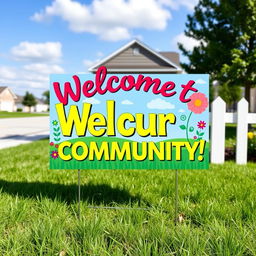 A vibrant and eye-catching yard sign for a Homeowners' Association (HSD), featuring bold letters and graphics that read "Welcome to Our Community!" The sign is adorned with colorful flowers and greenery, with a sunny blue sky in the background