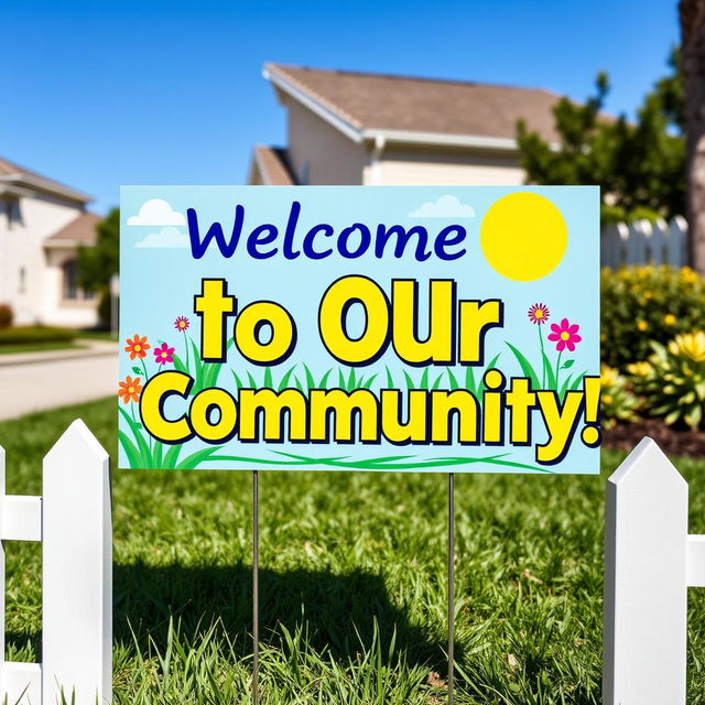 A vibrant and eye-catching yard sign for a Homeowners' Association (HSD), featuring bold letters and graphics that read "Welcome to Our Community!" The sign is adorned with colorful flowers and greenery, with a sunny blue sky in the background