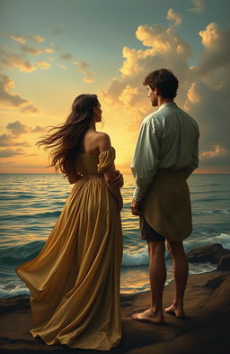 A woman and a man standing facing each other with their backs turned, the man's figure gradually fading away