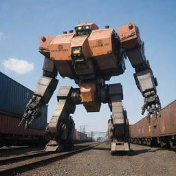 A massive freight train transforming into a towering Mecha, the transformation sequence illustrating the train's shipping containers coalesce into a robotic body structure, while the locomotive forms the head and shoulders, with the exhaust pipe cleverly morphing into a blaster weapon