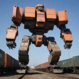 A massive freight train transforming into a towering Mecha, the transformation sequence illustrating the train's shipping containers coalesce into a robotic body structure, while the locomotive forms the head and shoulders, with the exhaust pipe cleverly morphing into a blaster weapon