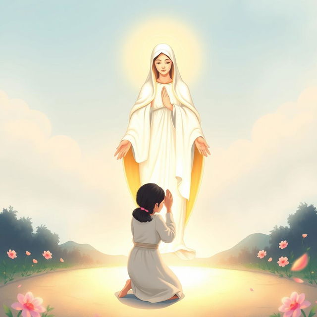 An illustration of a 45-year-old Chinese woman kneeling humbly with her head bowed and hands outstretched, casting her anxieties at the feet of a serene and compassionate figure of Our Lady Fatima