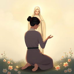 An illustration of a 45-year-old Chinese woman kneeling humbly with her head bowed and hands outstretched, casting her anxieties at the feet of a serene and compassionate figure of Our Lady Fatima