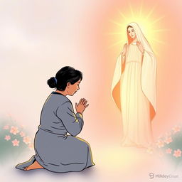An illustration of a 45-year-old Chinese woman kneeling humbly with her head bowed and hands outstretched, casting her anxieties at the feet of a serene and compassionate figure of Our Lady Fatima