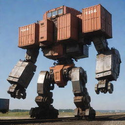 A massive freight train transforming into a towering Mecha, the transformation sequence illustrating the train's shipping containers coalesce into a robotic body structure, while the locomotive forms the head and shoulders, with the exhaust pipe cleverly morphing into a blaster weapon