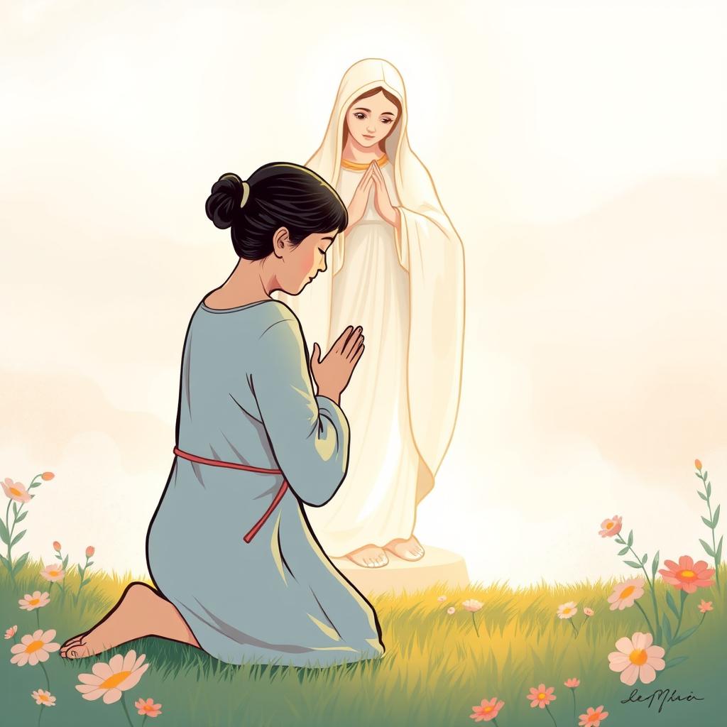 An illustration of a 45-year-old Chinese woman kneeling humbly with her head bowed and hands outstretched, casting her anxieties at the feet of a serene and compassionate figure of Our Lady Fatima