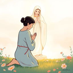 An illustration of a 45-year-old Chinese woman kneeling humbly with her head bowed and hands outstretched, casting her anxieties at the feet of a serene and compassionate figure of Our Lady Fatima