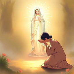 An illustration of a 45-year-old Chinese woman kneeling humbly with her head bowed, hands outstretched in a gesture of surrender, casting her anxieties at the feet of a serene and compassionate figure of Our Lady of Fatima