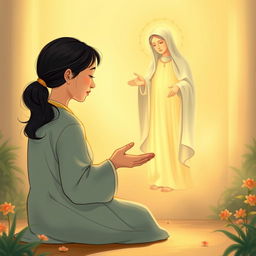 An illustration of a 45-year-old Chinese woman kneeling humbly with her head bowed, hands outstretched in a gesture of surrender, casting her anxieties at the feet of a serene and compassionate figure of Our Lady of Fatima