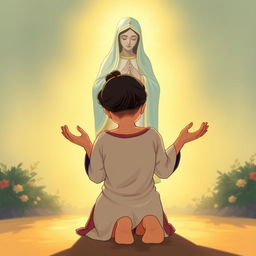 An illustration of a 45-year-old Chinese woman kneeling humbly with her head bowed, hands outstretched in a gesture of surrender, casting her anxieties at the feet of a serene and compassionate figure of Our Lady of Fatima