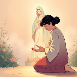 An illustration of a 45-year-old Chinese woman kneeling humbly with her head bowed, hands outstretched in a gesture of surrender, casting her anxieties at the feet of a serene and compassionate figure of Our Lady of Fatima