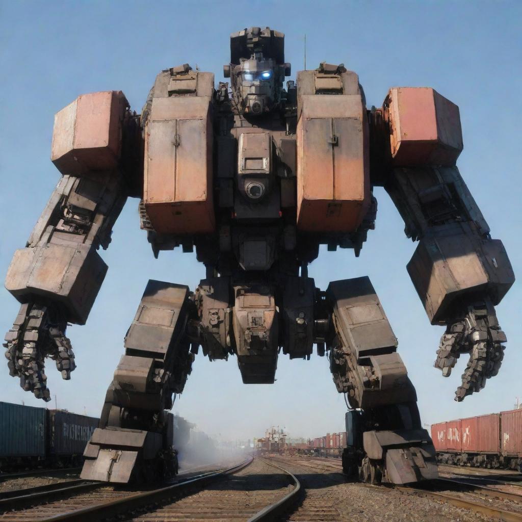 A massive freight train transforming into a towering Mecha, the transformation sequence illustrating the train's shipping containers coalesce into a robotic body structure, while the locomotive forms the head and shoulders, with the exhaust pipe cleverly morphing into a blaster weapon