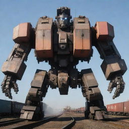 A massive freight train transforming into a towering Mecha, the transformation sequence illustrating the train's shipping containers coalesce into a robotic body structure, while the locomotive forms the head and shoulders, with the exhaust pipe cleverly morphing into a blaster weapon