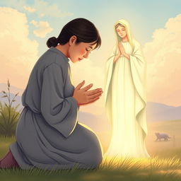 An illustration of a 45-year-old Chinese woman kneeling humbly with her head bowed and hands outstretched, symbolically casting her anxieties at the feet of a serene and compassionate figure of Our Lady of Fatima