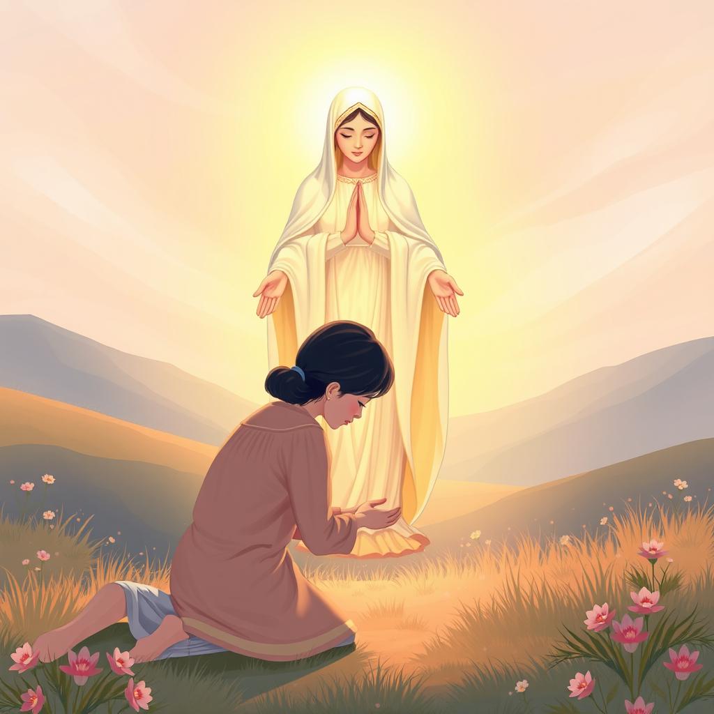 An illustration of a 45-year-old Chinese woman kneeling humbly with her head bowed and hands outstretched, symbolically casting her anxieties at the feet of a serene and compassionate figure of Our Lady of Fatima