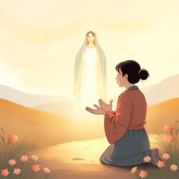 An illustration of a 45-year-old Chinese woman kneeling humbly with her head bowed and hands outstretched, symbolically casting her anxieties at the feet of a serene and compassionate figure of Our Lady of Fatima