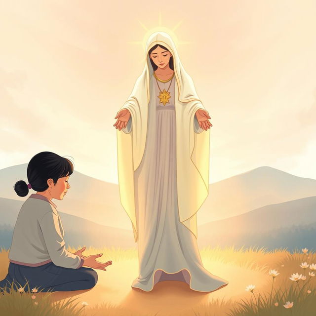 An illustration of a 45-year-old Chinese woman kneeling humbly with her head bowed and hands outstretched, symbolically casting her anxieties at the feet of a serene and compassionate figure of Our Lady of Fatima