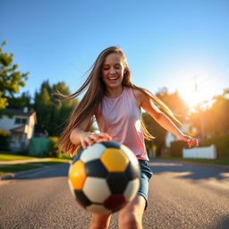 A beautiful Caucasian girl with elegant long hair, joyfully playing football on a sunlit street in the morning