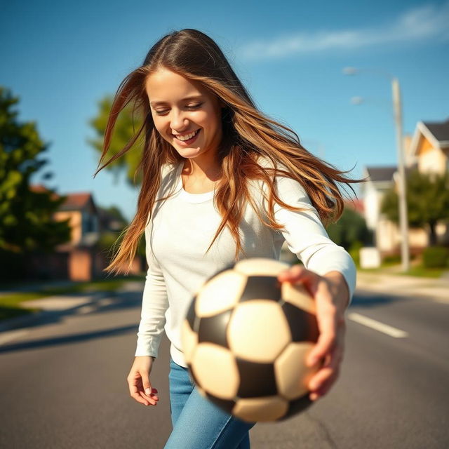 A beautiful Caucasian girl with elegant long hair, joyfully playing football on a sunlit street in the morning