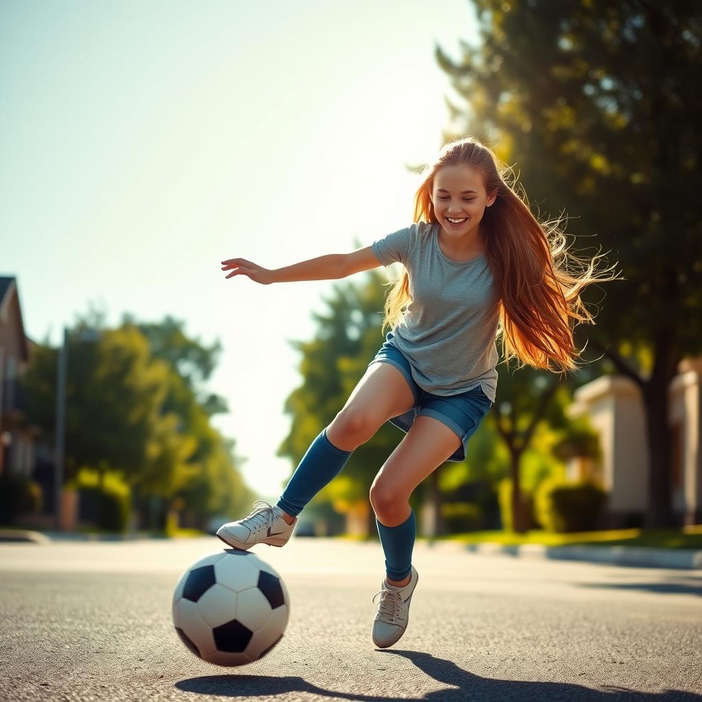 A beautiful Caucasian girl with elegant long hair, joyfully playing football on a sunlit street in the morning