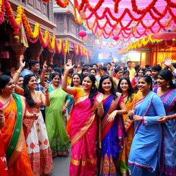 A vibrant Indian festival scene, showcasing colorful decorations, rich cultural elements, and joyous celebrations