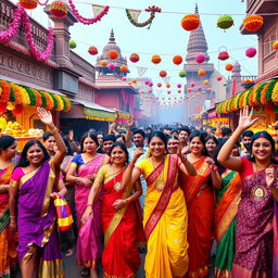 A vibrant Indian festival scene, showcasing colorful decorations, rich cultural elements, and joyous celebrations