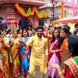 A vibrant Indian festival scene, showcasing colorful decorations, rich cultural elements, and joyous celebrations