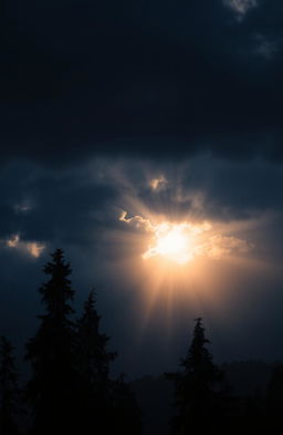 A serene and ethereal scene depicting a soft, warm light breaking through dense, dark clouds, casting a gentle glow on the surrounding landscape
