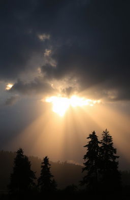 A serene and ethereal scene depicting a soft, warm light breaking through dense, dark clouds, casting a gentle glow on the surrounding landscape
