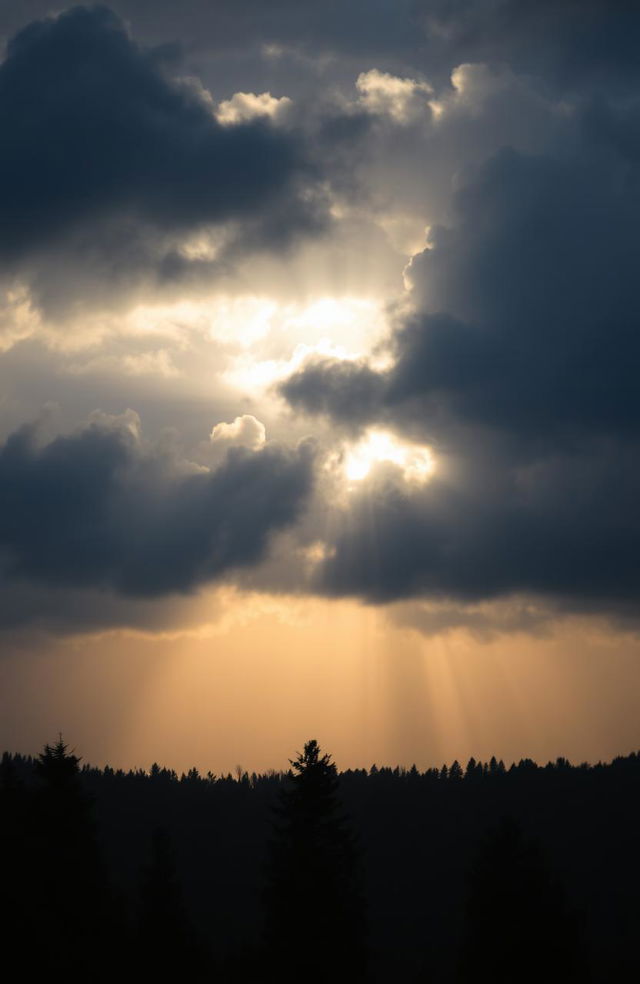 A serene and ethereal scene depicting a soft, warm light breaking through dense, dark clouds, casting a gentle glow on the surrounding landscape