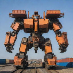 A colossal freight train morphing into a spectacular Transformer, unveiling a graceful combination of machine fluidity and brute force. The shipping containers flexibly form its bulk, the engine transforms to create the torso and head, while the extendable crane turns into weaponized arms