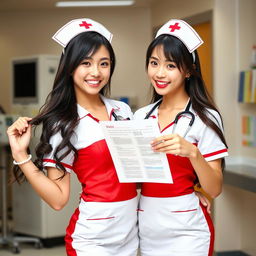 Two attractive Asian female nurses wearing sexy nurse costumes, with one in a playful pose and the other holding a medical chart