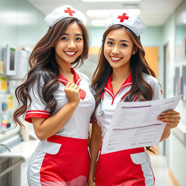 Two attractive Asian female nurses wearing sexy nurse costumes, with one in a playful pose and the other holding a medical chart