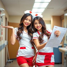 Two attractive Asian female nurses wearing sexy nurse costumes, with one in a playful pose and the other holding a medical chart