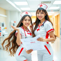 Two attractive Asian female nurses wearing sexy nurse costumes, with one in a playful pose and the other holding a medical chart