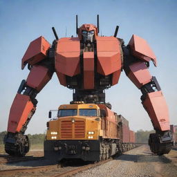 A colossal freight train morphing into a spectacular Transformer, unveiling a graceful combination of machine fluidity and brute force. The shipping containers flexibly form its bulk, the engine transforms to create the torso and head, while the extendable crane turns into weaponized arms