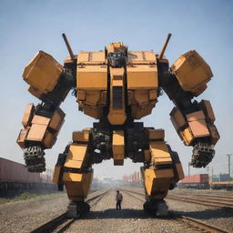 A colossal freight train morphing into a spectacular Transformer, unveiling a graceful combination of machine fluidity and brute force. The shipping containers flexibly form its bulk, the engine transforms to create the torso and head, while the extendable crane turns into weaponized arms