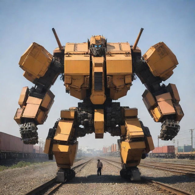 A colossal freight train morphing into a spectacular Transformer, unveiling a graceful combination of machine fluidity and brute force. The shipping containers flexibly form its bulk, the engine transforms to create the torso and head, while the extendable crane turns into weaponized arms