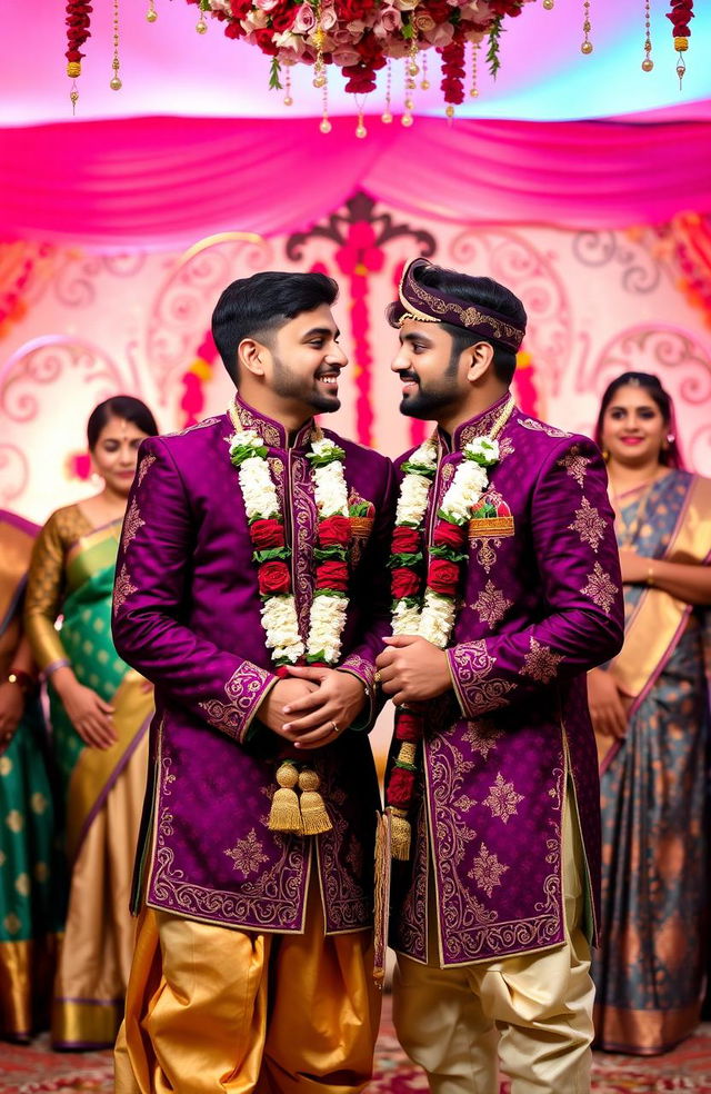 A heartwarming scene of two young men standing together in a traditional setting for an arranged marriage ceremony, both dressed in elegant, beautifully embroidered sherwanis in deep royal colors, surrounded by vivid floral decorations