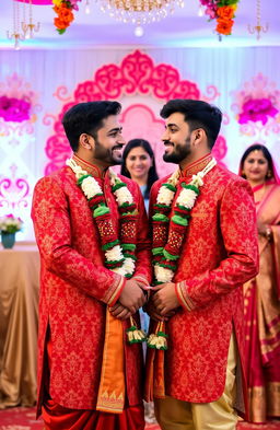 A heartwarming scene of two young men standing together in a traditional setting for an arranged marriage ceremony, both dressed in elegant, beautifully embroidered sherwanis in deep royal colors, surrounded by vivid floral decorations